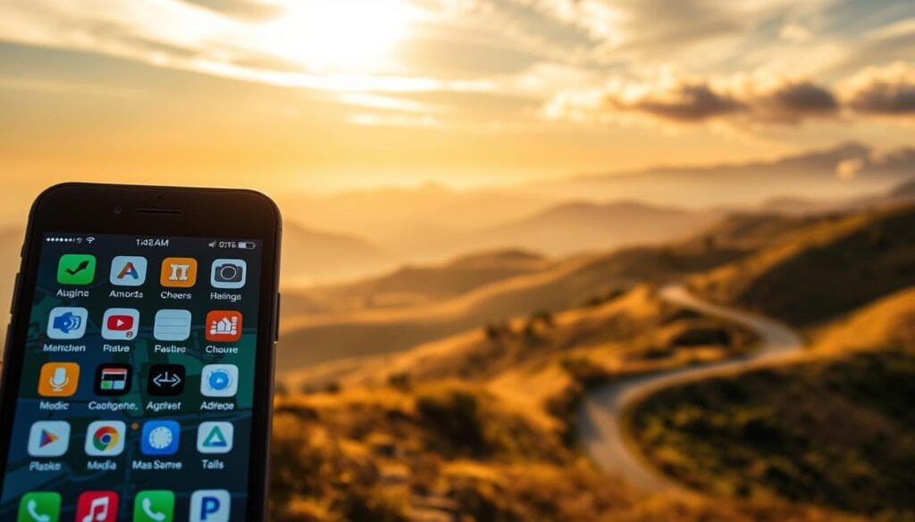 A serene travel scene depicting the best offline apps for a journey. In the foreground, a smartphone display showcases various app icons, including maps, media players, and productivity tools. The middle ground features a picturesque landscape with rolling hills, a winding road, and a scenic overlook. Warm, golden sunlight filters through wispy clouds, creating a tranquil atmosphere. In the background, distant mountains rise, hinting at the adventures awaiting the traveler. The overall composition conveys the idea of being prepared and self-sufficient, with the offline apps providing essential tools for an enriching and worry-free trip.