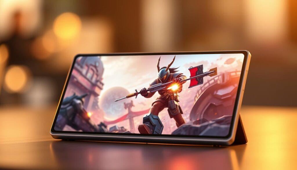 A sleek, folding Samsung Galaxy Z Fold 6 device, its large, vibrant display showcasing an immersive role-playing game or MOBA in detailed, high-resolution graphics. The device is positioned prominently in the foreground, bathed in warm, golden lighting that accentuates its premium, metallic finish. The background is blurred, creating a sense of depth and focus on the device. The image conveys a powerful, yet elegant aesthetic, reflecting the device's capabilities as a foldable gaming powerhouse.