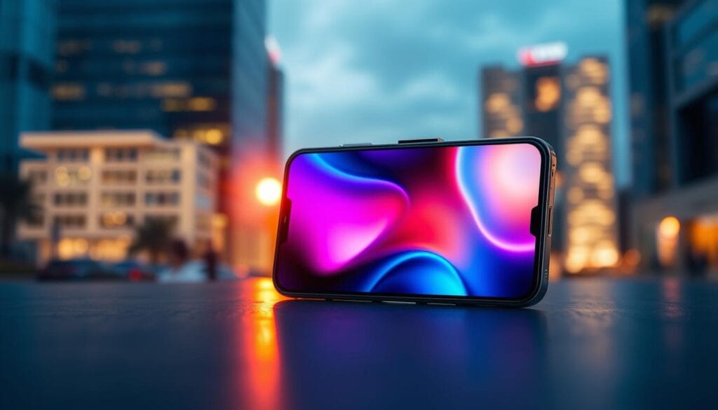 A sleek, modern smartphone with a vibrant 6.4-inch AMOLED display, showcasing a stunning 120Hz refresh rate for buttery-smooth scrolling and gaming. The display is surrounded by a slim, metallic frame, casting a warm, reflective glow under a soft, directional lighting setup. In the foreground, the phone's display is center-stage, highlighting its crisp, high-resolution visuals and vibrant color palette. In the background, a subtle, blurred cityscape sets the scene, suggesting the device's versatility and performance for both work and play.