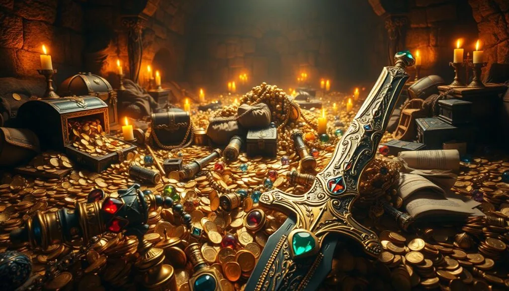 A sprawling heap of glittering treasures, illuminated by warm candlelight casting long shadows. Intricately detailed gold coins, gleaming gemstones, and ancient artifacts overflowing from ornate chests and bags. The foreground is dominated by a stunning jewel-encrusted sword, its hilt shimmering in the soft light. In the middle ground, piles of trinkets, potions, and scrolls are strewn about, begging to be plundered. The background fades into a cavernous, stone-walled chamber, hinting at the grand scale of this lost hoard. An atmosphere of excitement and anticipation permeates the scene, inviting the viewer to dive into this trove of untold riches.