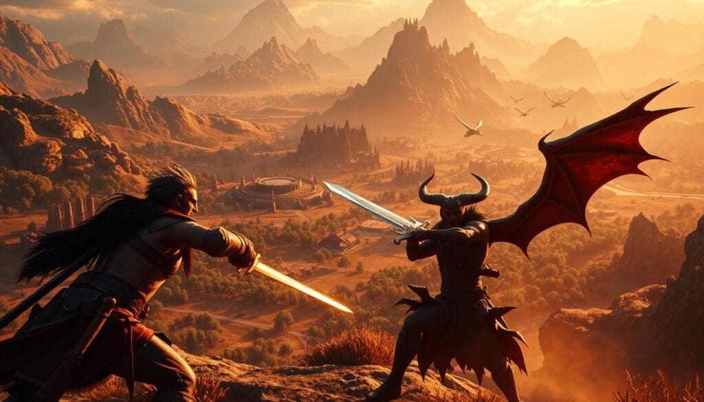 A sprawling, open-world fantasy landscape, bathed in warm, golden light. In the foreground, a skilled warrior wielding a gleaming sword, locked in intense combat with a fearsome, horned demon. The middle ground is dotted with ancient ruins, towering mountains, and lush, verdant forests, inviting the player to explore a rich, immersive world. Sweeping camera angles capture the epic scale and visceral action, showcasing the depth and intensity of the combat system. Atmospheric lighting casts dramatic shadows, heightening the sense of drama and tension. This is the quintessential open-world action RPG, offering players a captivating journey through a vast, meticulously crafted realm, where every battle is a thrilling test of skill and strategy.