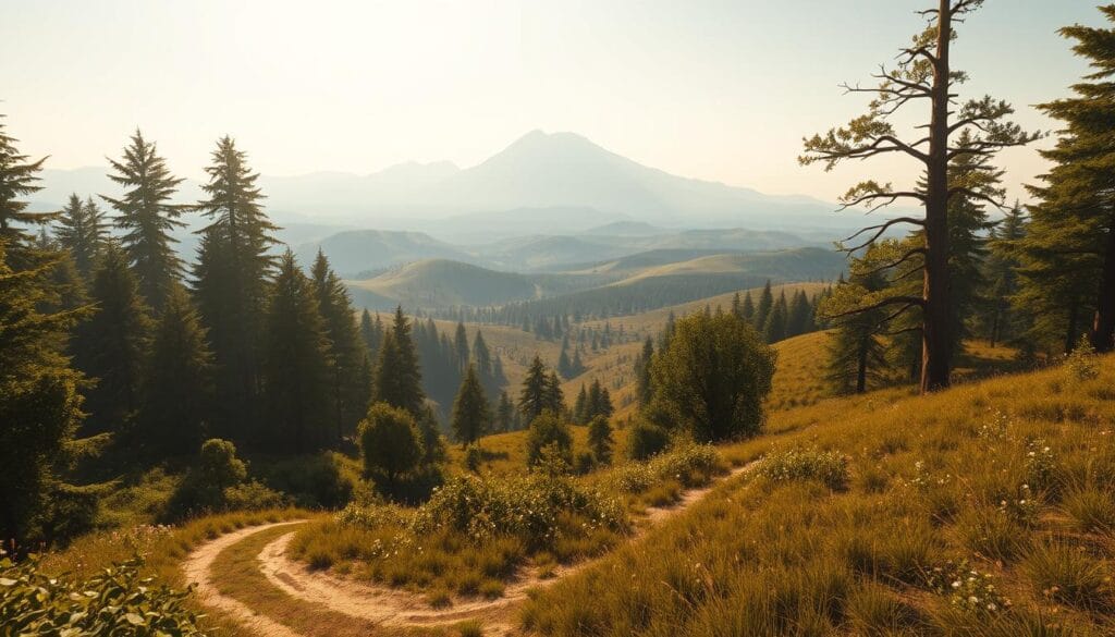 A sprawling, photorealistic open world environment bathed in warm, golden sunlight. In the foreground, a winding dirt path leads through a lush, verdant forest, with towering trees and thick undergrowth. The middle ground features rolling hills and expansive meadows, dotted with wildflowers and tall grass swaying gently in a light breeze. In the distance, a majestic mountain range rises, its snow-capped peaks piercing the hazy blue sky. The scene conveys a sense of vast scale, depth, and immersive exploration, with a high degree of detailed textures, intricate geometry, and seamless integration of natural elements. Subtle, realistic lighting and atmospheric haze create depth and a sense of depth of field.