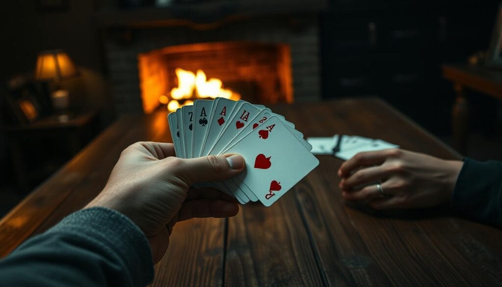 A strategic game of Euchre played by a seasoned player, portrayed through a dramatic, cinematic lens. In the foreground, a skilled hand holds a carefully selected set of Euchre cards, exuding confidence and experience. The middle ground features a weathered wooden table, the surface etched with the marks of countless games past. In the background, a dimly lit room sets the mood, the warm glow of a fireplace casting a subtle, contemplative light across the scene. The player's face is obscured, allowing the viewer to project their own interpretation of the "trump strategy" at play. Realistic textures, cinematic depth of field, and a sense of intrigue and anticipation permeate the image.