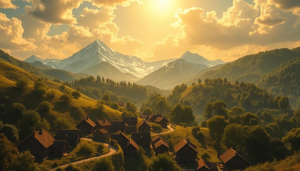A vast, lush JRPG-inspired world, bathed in a warm, golden glow. In the foreground, a quaint village nestled between rolling hills, with charming thatched-roof cottages and winding cobblestone streets. Towering mountains rise in the middle distance, their snow-capped peaks glittering under a vibrant, sun-dappled sky. In the background, a mysterious forest, its canopy of verdant trees concealing hidden paths and ancient ruins. Magical energy permeates the air, hinting at the fantastical adventures waiting to be discovered. The scene radiates a sense of tranquility and wonder, inviting the viewer to embark on a cozy, yet captivating journey through this enchanting realm.