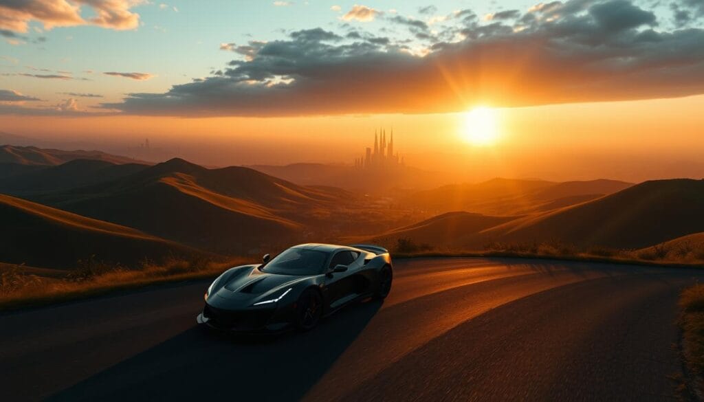 A vast, open-world landscape stretches out before the viewer, bathed in the warm glow of a setting sun. In the foreground, a sleek, futuristic-looking sports car navigates a winding road, its headlights cutting through the twilight. Lush, verdant hills roll in the distance, dotted with the silhouettes of towering skyscrapers and the glimmering spires of a futuristic city. The atmosphere is one of serene exploration, with a sense of wonder and adventure. The camera angle is slightly elevated, offering a sweeping, cinematic view of the scene. Detailed textures, realistic lighting, and a sense of depth and scale create a captivating and immersive visual experience.
