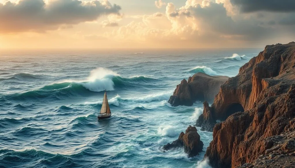 A vast, open-world seascape of towering, undulating waves crashes against a rugged, windswept coastline. In the foreground, a solitary sailboat navigates the turbulent waters, its sails billowing in the salty breeze. The middle ground features rocky cliffs and sea caves, their weathered surfaces bathed in a warm, golden glow from the setting sun. In the background, an expansive sky filled with roiling storm clouds hints at the untamed power of the natural elements. The overall scene conveys a sense of adventure, wonder, and the majestic, ever-changing nature of the ocean.