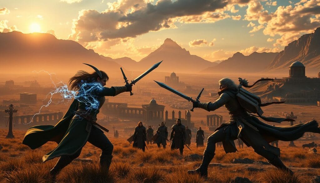 A vast, sprawling battlefield unfolds, bathed in the warm glow of a setting sun. In the foreground, two heroic figures clash, their weapons locked in a tense exchange. Magical energies crackle around them, hinting at the epic nature of their turn-based duel. In the middle ground, a party of adventurers strategize, their faces etched with determination as they plan their next move. Towering in the background, ancient ruins and towering mountains lend a sense of scale and grandeur to the scene. Cinematic lighting and a dramatic camera angle heighten the tension, capturing the thrill and intensity of this turn-based combat system in stunning detail.