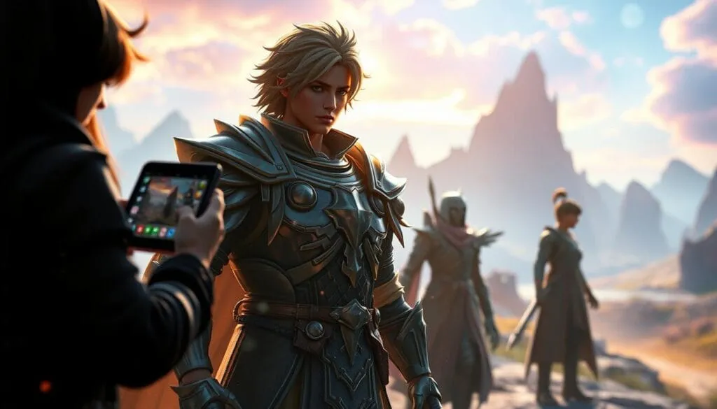 A vibrant, cinematic scene of a cross-progression RPG hero. In the foreground, a heroic figure stands resolute, their battle-worn armor gleaming in the soft, ambient lighting. Surrounding them, a swirl of magical energy and particle effects, hinting at the character's diverse abilities. In the middle ground, the silhouettes of familiar companions from the player's mobile device and gaming console, suggesting seamless cross-play connectivity. In the distant background, a majestic, fantastical landscape, with towering mountains and a vibrant, otherworldly sky, creating a sense of expansive adventure. The overall mood is one of heroic empowerment, technological convergence, and boundless exploration.