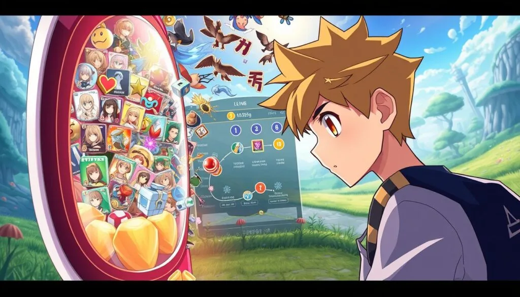 A vibrant, dynamic scene of gacha progression unfolds before us. In the foreground, a character gazes intently at a gacha machine, their expression one of anticipation and excitement. Surrounding them, a collage of different characters and items cascades, each representing a unique reward or unlock. The middle ground showcases the progression path, with icons and visual indicators guiding the viewer through the gradual build-up of resources and power. In the background, a lush, fantastical landscape sets the stage, its ethereal lighting and atmospheric details creating a sense of immersion and wonder. This image conveys the thrill and satisfaction of gacha progression, without the pressure or exploitation, reflecting the "Gacha done right: progression without pressure" theme.