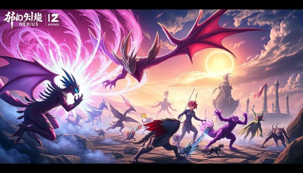 A vibrant, dynamic scene of the Honkai Nexus Anima. In the foreground, a captivating creature battles against a backdrop of swirling energy, its powerful limbs and otherworldly features commanding attention. The middle ground features a diverse array of fantastical beings, each with unique designs and abilities, engaged in a strategic, autochess-like dance. The background showcases a breathtaking landscape, with towering structures and a luminescent sky, creating a sense of grandeur and otherworldly wonder. The lighting is dramatic, with a mix of cool and warm tones that accentuate the dynamism and intensity of the scene. The composition is balanced, guiding the viewer's eye through the intricate details and captivating action. An image that truly captures the essence of Honkai Nexus Anima's creature-battling, autochess-flavored adventure.