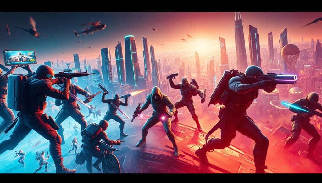 A vibrant futuristic scene showcasing the diverse genres of mobile games in 2025. In the foreground, characters from high-octane action and thrilling shooter games engage in intense combat, their movements captured in dynamic poses. In the middle ground, adventurous RPG heroes explore fantastical landscapes, while intricate puzzle games present mind-bending challenges. The background is filled with a cityscape of sleek, neon-lit skyscrapers, hinting at the technological advancements that will shape the mobile gaming experience. The scene is bathed in a warm, saturated color palette, evoking a sense of excitement and possibility. Cinematic lighting and a wide-angle lens create a sense of depth and immersion, drawing the viewer into this vision of the mobile gaming landscape of the future.