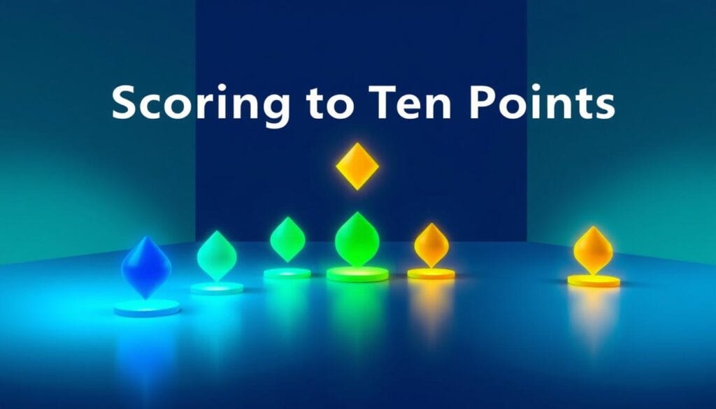 A vibrant illustration of scoring points in the classic card game Euchre. A bold, modern composition showcases a central arrangement of floating, luminous points in shades of blue, green, and gold, conveying the dynamic scoring mechanics. Soft, diffused lighting creates a sense of depth and dimension, while a minimalist, geometric backdrop in complementary hues provides a clean, elegant setting. The overall mood is one of strategic excitement and competitive spirit, perfectly capturing the spirit of the "Scoring to Ten Points" section of the article.