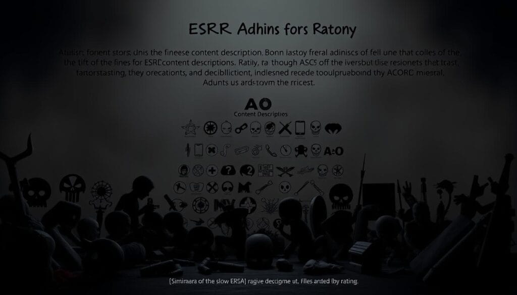 Detailed illustration of diverse ESRB content descriptors, highlighting the nuances that distinguish the coveted "AO" (Adults Only) rating. A meticulously crafted scene featuring a shadowy, ominous atmosphere with dramatic lighting and sharp contrasts. In the foreground, a collection of ominous symbols and abstract shapes representing themes of violence, drug use, and mature content. The middle ground showcases a range of game-related icons and visual cues, emphasizing the rarity and significance of the AO classification. The background fades into a hazy, muted palette, creating a sense of mystery and exclusivity around this exclusive rating.