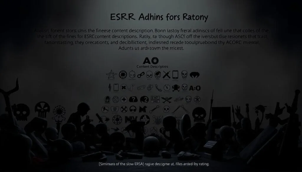 Detailed illustration of diverse ESRB content descriptors, highlighting the nuances that distinguish the coveted "AO" (Adults Only) rating. A meticulously crafted scene featuring a shadowy, ominous atmosphere with dramatic lighting and sharp contrasts. In the foreground, a collection of ominous symbols and abstract shapes representing themes of violence, drug use, and mature content. The middle ground showcases a range of game-related icons and visual cues, emphasizing the rarity and significance of the AO classification. The background fades into a hazy, muted palette, creating a sense of mystery and exclusivity around this exclusive rating. Detailed illustration of diverse ESRB content descriptors, highlighting the nuances that distinguish the coveted "AO" (Adults Only) rating. A meticulously crafted scene featuring a shadowy, ominous atmosphere with dramatic lighting and sharp contrasts. In the foreground, a collection of ominous symbols and abstract shapes representing themes of violence, drug use, and mature content. The middle ground showcases a range of game-related icons and visual cues, emphasizing the rarity and significance of the AO classification. The background fades into a hazy, muted palette, creating a sense of mystery and exclusivity around this exclusive rating.