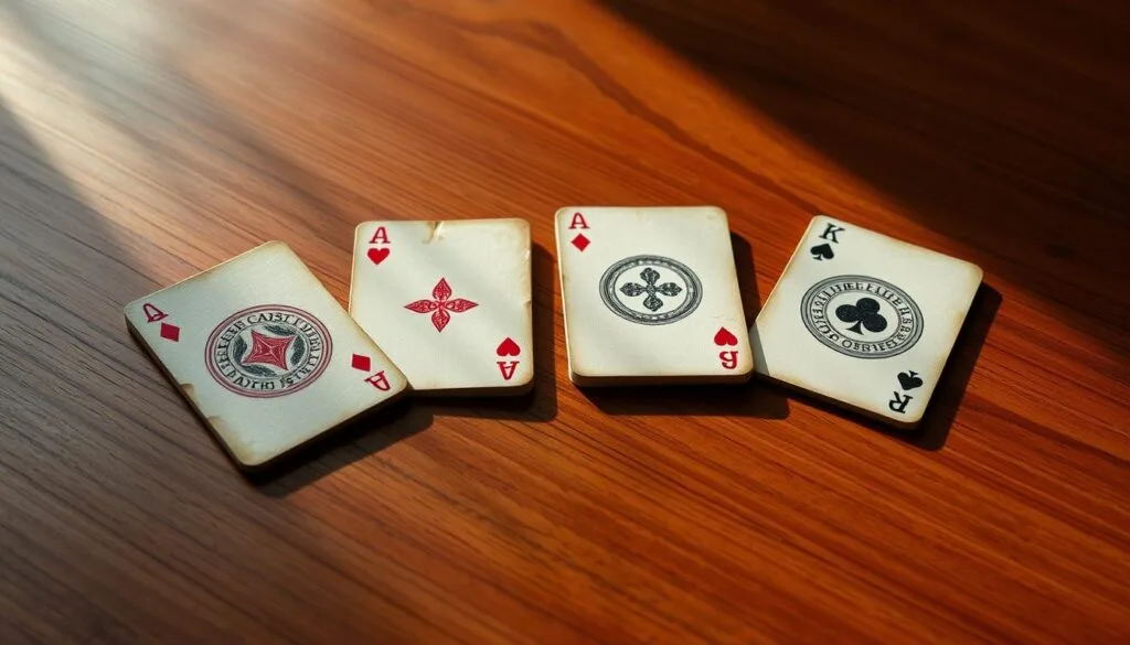 Four playing cards arranged neatly on a polished wooden table, casting subtle shadows. The cards are well-worn, with distinct patterns and designs, suggesting a game in progress. The lighting is soft and warm, creating a cozy, inviting atmosphere. The composition is balanced, with the cards positioned diagonally to add visual interest. The scene exudes a sense of tranquility and camaraderie, as if captured during a friendly card game session. The overall tone is one of casual enjoyment and the joy of shared leisure time.
