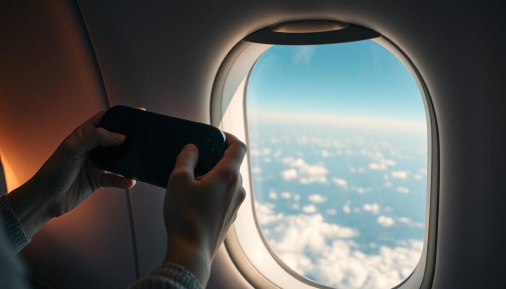 Prompt A tranquil airplane cabin interior, with a passenger's hands holding a portable gaming device in the foreground. The soft lighting casts a warm, comforting glow, creating an atmosphere of relaxation and escapism. Through the window, a breathtaking aerial landscape unfolds, dotted with fluffy clouds and a distant horizon. The scene evokes a sense of serenity and freedom, perfectly capturing the essence of "airplane mode travel" - a moment of digital detachment and immersion in the moment, far above the distractions of the world below.