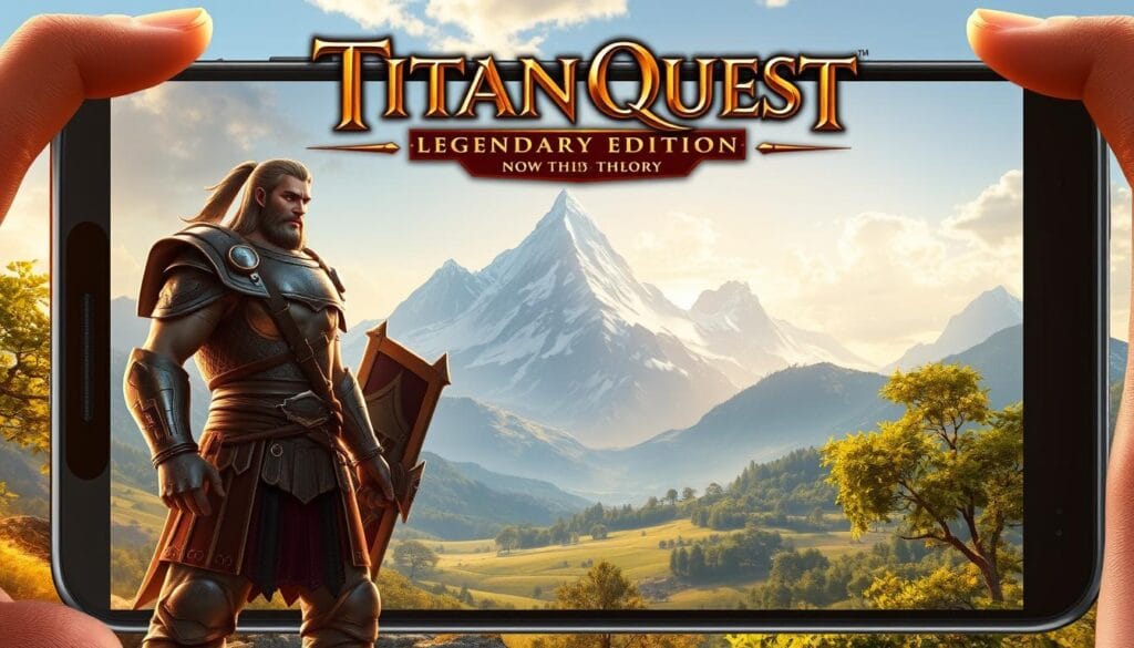 Titan Quest Legendary Edition mobile: A stunningly rendered fantasy adventure on a handheld device. In the foreground, the game's iconic hero stands resolute, their detailed armor and weaponry gleaming in the warm, golden light. Framed by a lush, verdant landscape in the middle ground, towering mountains rise majestically in the background, their snow-capped peaks bathed in a soft, ethereal glow. The scene exudes a sense of epic grandeur, perfectly capturing the scale and immersion of this classic RPG experience, now optimized for seamless mobile play.