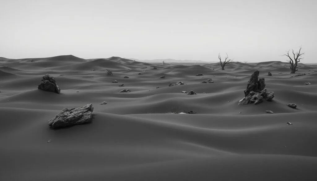 Vast, arid expanse of a black desert world, sculpted by the merciless winds of time. Towering dunes of ebony sand stretch as far as the eye can see, casting long shadows under a stark, monochrome sky. Scattered rock formations, weathered and jagged, jut out from the undulating landscape, creating a sense of isolation and ancient mystery. In the distance, the silhouettes of alien, twisted trees cling to life, their bare branches reaching skyward. An eerie, otherworldly atmosphere pervades the scene, inviting the viewer to explore this harsh, yet captivating world.