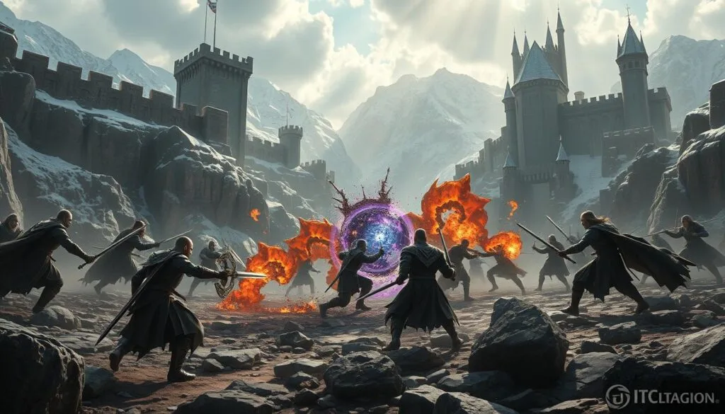 a highly detailed and cinematic illustration of an intense combat system in a fantasy role-playing game (RPG), set in a sprawling, richly detailed medieval fantasy environment. the foreground features a group of warriors engaged in fierce melee combat, their weapons clashing as they maneuver skillfully on a rugged, rocky battlefield. the middle ground showcases magical abilities, with spells and enchantments erupting around the combatants. in the background, towering castle walls and snow-capped mountains provide an epic, awe-inspiring setting. the lighting is dramatic, with shafts of sunlight piercing through ominous clouds and casting deep shadows across the scene. the overall mood is one of high-stakes, visceral action, inviting the viewer to immerse themselves in the heat of battle.