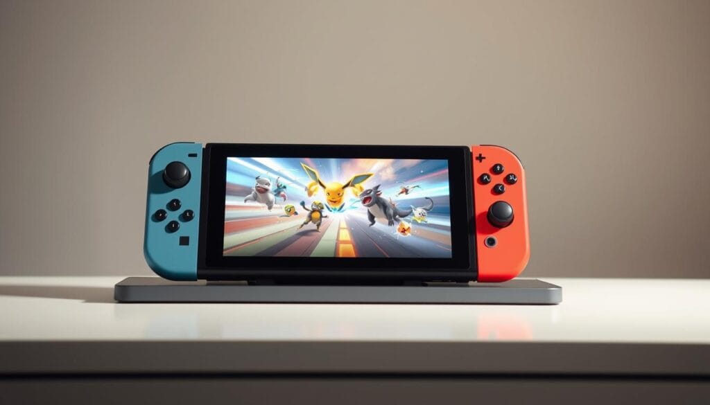 A Nintendo Switch console resting on a sleek, minimalist tabletop, its screen illuminated with a vibrant Pokémon battle scene. The console transitions seamlessly between TV mode, with the Joy-Cons attached to the sides, and handheld mode, held in the player's hands. Soft, diffused lighting creates an inviting atmosphere, emphasizing the versatility and portability of the system. The background fades into a gentle gradient, keeping the focus on the central device and the dynamic Pokémon combat unfolding on its display.