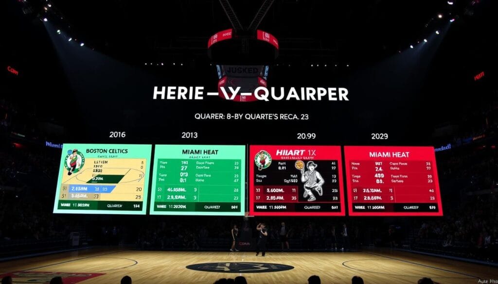 A basketball arena at night, with a spotlight illuminating a quarter-by-quarter recap display. The display features four sections, each capturing a quarter of the game between the Boston Celtics and the Miami Heat. The sections show detailed game statistics, player performances, and key moments from each quarter, rendered in a stylized, data-driven aesthetic. The background is a dimly lit court, with the audience's cheers and the sound of sneakers on the hardwood floor creating an immersive atmosphere. The lighting is dramatic, casting deep shadows and highlighting the intensity of the game. The camera angle is slightly elevated, providing a birds-eye view of the action, emphasizing the strategic nature of the recap.