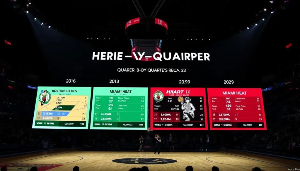 A basketball arena at night, with a spotlight illuminating a quarter-by-quarter recap display. The display features four sections, each capturing a quarter of the game between the Boston Celtics and the Miami Heat. The sections show detailed game statistics, player performances, and key moments from each quarter, rendered in a stylized, data-driven aesthetic. The background is a dimly lit court, with the audience's cheers and the sound of sneakers on the hardwood floor creating an immersive atmosphere. The lighting is dramatic, casting deep shadows and highlighting the intensity of the game. The camera angle is slightly elevated, providing a birds-eye view of the action, emphasizing the strategic nature of the recap. A basketball arena at night, with a spotlight illuminating a quarter-by-quarter recap display. The display features four sections, each capturing a quarter of the game between the Boston Celtics and the Miami Heat. The sections show detailed game statistics, player performances, and key moments from each quarter, rendered in a stylized, data-driven aesthetic. The background is a dimly lit court, with the audience's cheers and the sound of sneakers on the hardwood floor creating an immersive atmosphere. The lighting is dramatic, casting deep shadows and highlighting the intensity of the game. The camera angle is slightly elevated, providing a birds-eye view of the action, emphasizing the strategic nature of the recap.