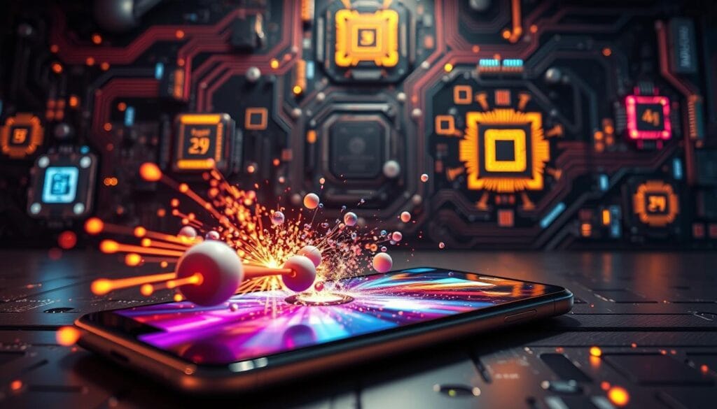 A captivating scene depicting the essence of graphics performance. In the foreground, a sleek, high-end mobile device with a striking display showcasing vibrant, realistic visuals. Intricate 3D models and stunning particle effects dance across the screen, hinting at the power and capabilities of the device's hardware. In the middle ground, a backdrop of technological elements like circuit boards, data streams, and glowing processor cores, all meticulously rendered to convey the intricate inner workings that drive this exceptional graphics performance. The lighting is dramatic, with strategic use of shadows and highlights to emphasize the depth and complexity of the scene. The overall atmosphere is one of cutting-edge technology, innovation, and the thrill of immersive gaming experiences on a mobile platform.