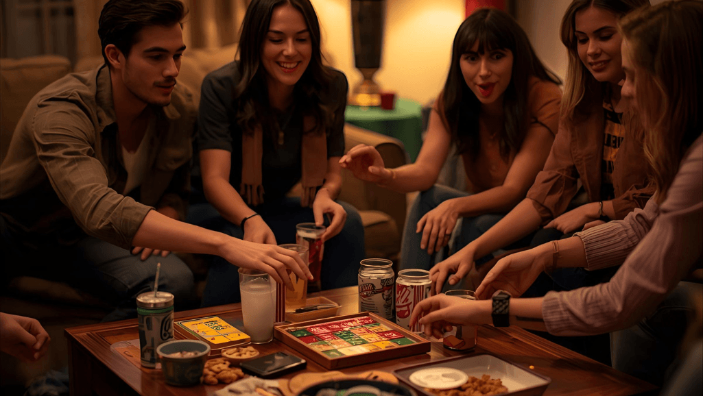 A cozy living room setting with a group of friends gathered around a coffee table, playing the game "Snaps". The table is littered with snacks and drinks, creating a casual, social atmosphere. The players are focused on the game, their hands gesturing as they take turns slapping the table. Warm lighting from a nearby lamp casts a soft glow over the scene, highlighting the players' expressions of concentration and laughter. The background is slightly blurred, creating a sense of depth and emphasizing the central activity. The overall mood is one of camaraderie and lighthearted fun.
