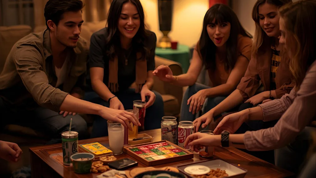 A cozy living room setting with a group of friends gathered around a coffee table, playing the game "Snaps". The table is littered with snacks and drinks, creating a casual, social atmosphere. The players are focused on the game, their hands gesturing as they take turns slapping the table. Warm lighting from a nearby lamp casts a soft glow over the scene, highlighting the players' expressions of concentration and laughter. The background is slightly blurred, creating a sense of depth and emphasizing the central activity. The overall mood is one of camaraderie and lighthearted fun. A cozy living room setting with a group of friends gathered around a coffee table, playing the game "Snaps". The table is littered with snacks and drinks, creating a casual, social atmosphere. The players are focused on the game, their hands gesturing as they take turns slapping the table. Warm lighting from a nearby lamp casts a soft glow over the scene, highlighting the players' expressions of concentration and laughter. The background is slightly blurred, creating a sense of depth and emphasizing the central activity. The overall mood is one of camaraderie and lighthearted fun.