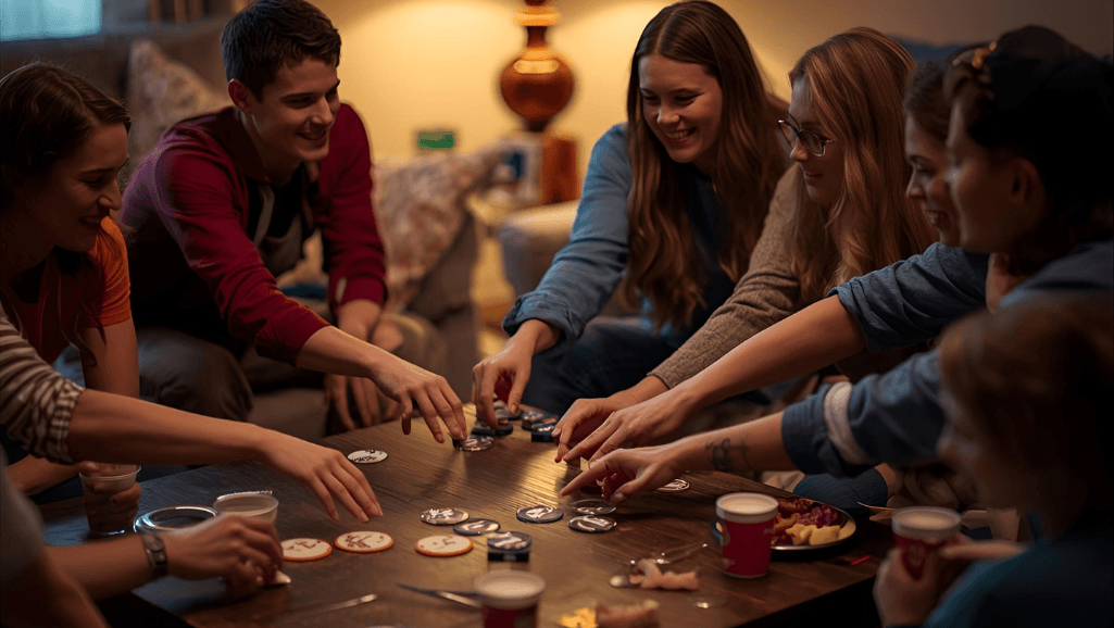 A cozy living room setting, with a group of friends gathered around a table, engrossed in a game of "Snaps." The table is covered in a variety of colorful alphabet tiles, arranged in a playful, organic pattern, hinting at the celebrities or clues they're trying to spell out. Natural light from a nearby window bathes the scene in a warm, inviting glow, casting soft shadows and highlights on the tiles and the faces of the players. The mood is one of friendly competition and camaraderie, with the players leaning in, engaged in the challenge of the game. The camera angle captures the action from a slightly elevated perspective, providing a clear view of the unfolding game.
