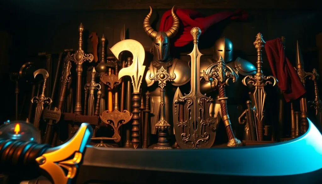 A detailed array of medieval-inspired weapons and armor, captured in a dramatic, cinematic lighting. In the foreground, a gleaming longsword, its sharp edge reflecting the flickering torchlight. In the middle ground, a collection of maces, battle axes, and crossbows, each meticulously crafted with intricate designs. In the background, a set of polished steel armor, complete with a horned helm and a flowing crimson cape. The scene exudes a sense of power, resilience, and the promise of epic battles to come, perfectly capturing the essence of the "Weapons, Armor, and Progression Depth" section of the "Wild Hearts Game Review: Explore the Untamed World" article.