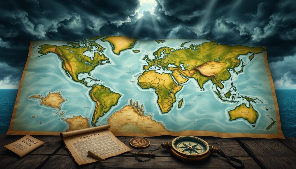A detailed, hand-drawn world map, with lush, detailed landmasses, intricate coastlines, and a vibrant color palette. The map is set against a dramatic, stormy sky with swirling clouds and shafts of light breaking through. In the foreground, there are scattered ancient artifacts, parchments, and a mariner's compass, hinting at the rich history and storytelling elements within the game's narrative. The overall atmosphere evokes a sense of exploration, discovery, and the thrill of unraveling a captivating in-game world.