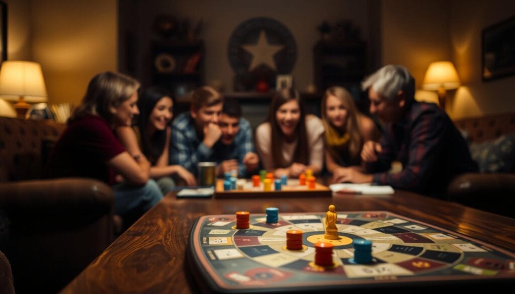 A dimly lit game room setting, with a wooden table in the foreground featuring a board game with strategically placed game pieces. In the middle ground, a group of friends intently focused on the game, their expressions a mix of concentration and friendly rivalry. The background is slightly blurred, but suggests a cozy, homely atmosphere with warm lighting and subtle decorative elements. The scene conveys the camaraderie and strategic nature of the "Snaps" name game, inviting the viewer to imagine the lively discussion and clever word associations unfolding.