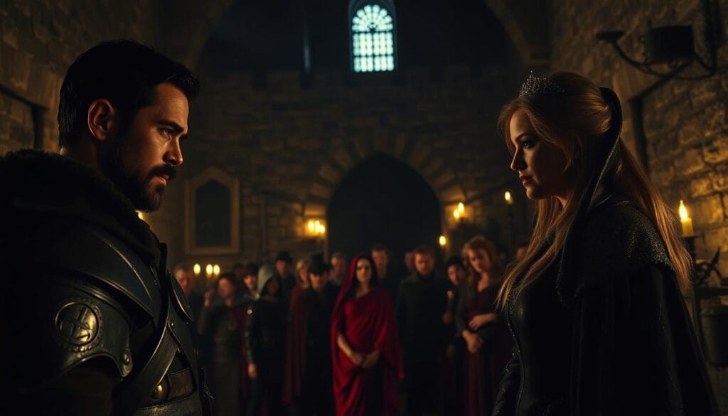 A dimly lit medieval castle, the torchlight flickering across the weathered stone walls. In the foreground, a group of characters - a battle-worn warrior, a regal noblewoman, a cunning schemer - locked in a tense moment, their expressions revealing the weight of their decisions. In the middle ground, other figures gathered, watching, murmuring, the tension palpable. The background shrouded in shadows, hinting at the larger conflicts and power struggles that loom. A cinematic, high-contrast scene, captured with a shallow depth of field, emphasizing the drama and emotional intensity of this pivotal "moment" that has captivated audiences.