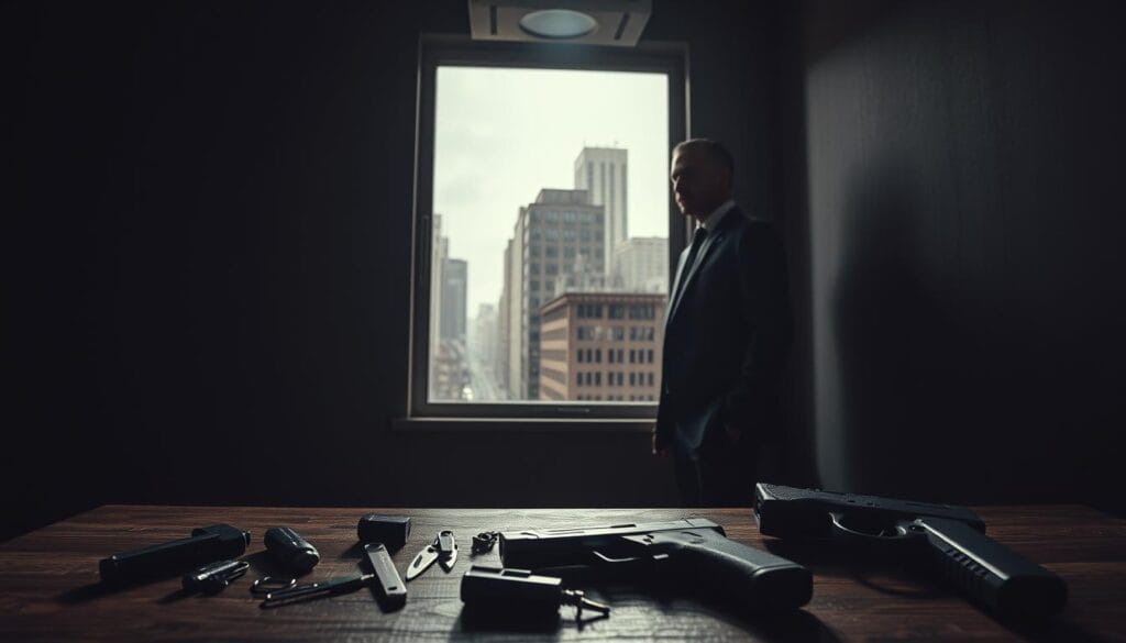 A dimly lit room, shadows dancing across the walls. A lone figure, dressed in a sleek, charcoal-gray suit, stands by a window, gaze fixed on the city streets below. Overhead, a single, harsh light casts a moody, dramatic glow, highlighting the sharp lines of the agent's face. In the foreground, a scattered array of tools and gadgets - lock picks, miniature cameras, and a concealed handgun - hinting at the intricate, high-stakes world of espionage. The atmosphere is tense, charged with the weight of critical decisions and the knowledge that nothing is as it seems. This is the realm of the spy, where loyalty and tradecraft collide, and the cost of choices can be measured in lives.