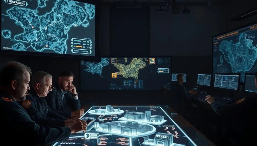 A dimly lit war room, illuminated by the glow of digital maps and tactical displays. In the foreground, military strategists pore over intricate plans, their faces cast in deep contemplation. Overhead, an expansive projection screen showcases the ebb and flow of a complex battlefield, with icons representing units and resources. The middle ground features a holographic table, its surface shimmering with 3D renderings of terrain and fortifications. In the background, a bank of high-tech consoles manned by analysts, their fingers flying across keyboards as they process streams of real-time data. The atmosphere is one of intense focus and strategic deliberation, capturing the essence of &amp;quot;strategy deep dives&amp;quot; in a mobile gaming context.