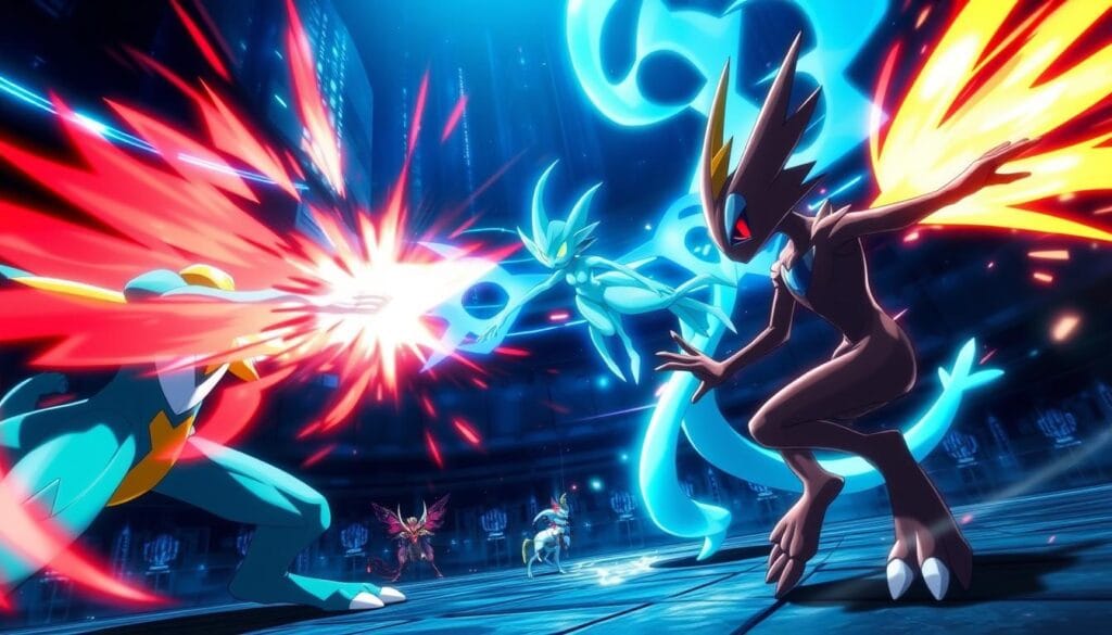 A dynamic arena filled with Pokémon in intense, close-quarter combat. In the foreground, a Lucario and a Blaziken exchange rapid blows, their auras clashing in a vibrant display of power. In the middle ground, a Gardevoir manipulates psychic energy, creating barriers and telekinetic waves. The background features a dimly lit, futuristic cityscape, neon lights casting an ethereal glow over the arena. The lighting is high-contrast, creating dramatic shadows that accentuate the Pokémon's movements. The camera angle is low, giving a sense of immersion and capturing the action from an exhilarating perspective.