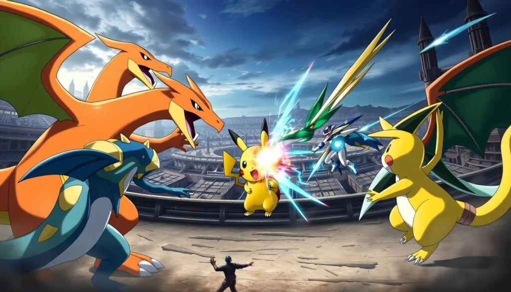 A dynamic battle scene featuring a diverse roster of powerful Pokémon ready to clash. In the foreground, a Charizard and a Lucario engage in a fierce hand-to-hand combat, their intense expressions and dynamic poses conveying the intensity of the fight. In the middle ground, a Pikachu and a Greninja clash, their signature moves creating a dazzling display of elemental energy. In the background, a panoramic view of a battle-scarred arena, with towering structures and a dramatic skyscape providing a captivating setting. The lighting is dramatic, with sharp contrasts and dynamic shadows emphasizing the action. The overall atmosphere is one of raw, adrenaline-fueled combat, showcasing the fighting prowess and strategic potential of these iconic Pokémon.