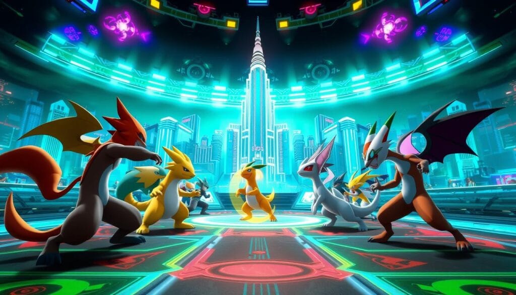 A dynamic group of Pokémon characters engaged in an intense Pokkén Tournament DX match, set against a vivid, futuristic backdrop. The foreground features the players, their Pokémon avatars poised in battle stances, each with a distinct fighting style and personality. The middle ground showcases the high-tech arena, with neon-lit platforms and holographic elements that add to the immersive atmosphere. In the background, a towering cityscape of gleaming skyscrapers and vibrant energy fields creates a sense of scale and the excitement of online and local multiplayer competition. Dramatic lighting and a cinematic camera angle heighten the sense of action and drama, inviting the viewer to experience the thrill of the Pokkén Tournament DX group match.