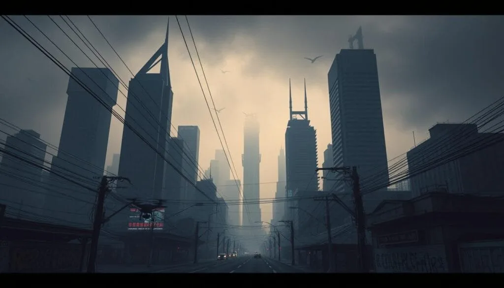 A dystopian cityscape bathed in a dim, ominous glow. Towering skyscrapers of steel and glass, their sharp edges cutting into a polluted, hazy sky. In the foreground, a tangled web of power lines and surveillance cameras, a constant reminder of the pervasive reach of technology. The streets below, empty and desolate, save for the occasional drone or autonomous vehicle, a symbol of the dehumanizing effects of unchecked AI. Scattered debris and graffiti-covered walls hint at the social unrest simmering beneath the surface. An eerie silence hangs in the air, punctuated only by the faint hum of machinery, a foreboding atmosphere that evokes a sense of unease and the need to confront the ethical challenges of advanced technology.