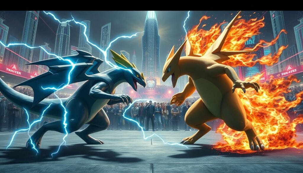 A fierce battle between powerful Pokémon rages on a vast, expansive arena. In the foreground, two iconic Pokémon engage in an intense clash, their movements captured in a dynamic, high-energy pose. Electricity crackles around them, highlighting their raw, unbridled power. In the middle ground, a crowd of spectators watches in awe, their faces filled with excitement and anticipation. The background is a stunning, futuristic cityscape, with towering skyscrapers and glowing neon lights casting an atmospheric glow over the scene. The lighting is dramatic, with sharp shadows and highlights accentuating the Pokémon's muscular forms and the intensity of the battle. The camera angle is slightly elevated, giving a sense of scale and grandeur to the epic confrontation.
