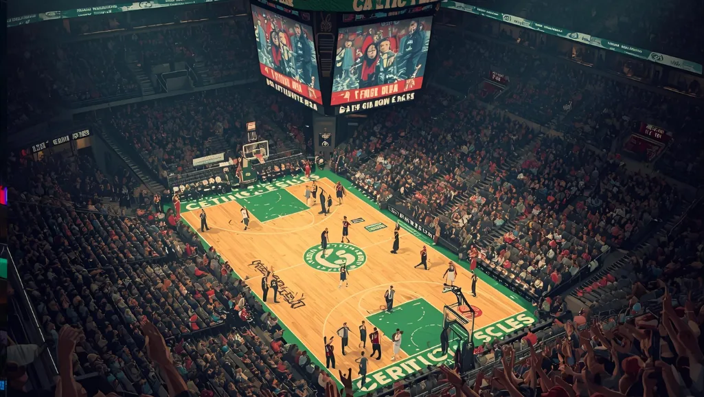 A vast basketball court bathed in dramatic lighting, with two players locked in an intense moment of the NBA Finals. The foreground features their silhouettes mid-leap, muscles straining as they fight for possession of the ball, their expressions a mix of determination and focus. The middle ground showcases a packed arena, the crowd a blur of energy and excitement, their cheers and chants palpable. In the background, the scoreboard displays the game's critical final seconds, the outcome still uncertain, the momentum shifting with each breath-taking second. The scene exudes a cinematic intensity, capturing the high stakes and emotional charge of the NBA's biggest stage. A high-intensity basketball match with players leaping to block shots and pass the ball with precision. The foreground captures the intense physicality of the game, with players' muscles straining as they jump to defend the hoop. The middle ground showcases fluid ball movement and split-second decisions, while the background blurs into a dynamic court scene, capturing the energy and momentum of the game. Dramatic court lighting casts long shadows, adding depth and drama to the composition. The overall mood is one of fierce competition, strategic play, and the decisive moments that can shift the tide of the game.