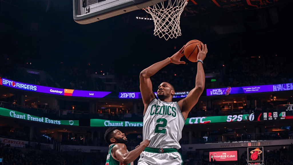A high-intensity basketball match with players leaping to block shots and pass the ball with precision. The foreground captures the intense physicality of the game, with players' muscles straining as they jump to defend the hoop. The middle ground showcases fluid ball movement and split-second decisions, while the background blurs into a dynamic court scene, capturing the energy and momentum of the game. Dramatic court lighting casts long shadows, adding depth and drama to the composition. The overall mood is one of fierce competition, strategic play, and the decisive moments that can shift the tide of the game.
