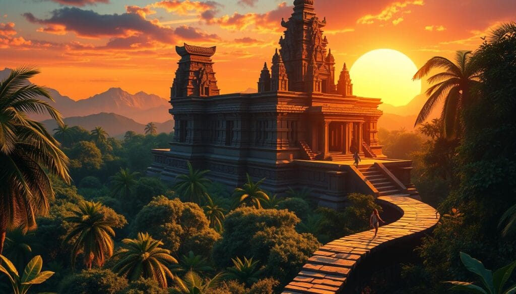 A majestic ancient temple set against a vibrant sunset sky, its intricate carvings and towering spires casting long shadows across the lush, verdant landscape. In the foreground, a daring adventurer dashes through the temple's winding corridors, leaping over obstacles and narrowly avoiding deadly traps as they race to escape the temple's mystical depths. The scene is bathed in a warm, golden glow, capturing the sense of excitement and adventure that has made this classic mobile game a timeless favorite.