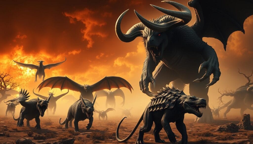A menagerie of monstrous creatures roaming an untamed, primordial world. In the foreground, a towering, horned behemoth with gaping jaws and razor-sharp claws, its eyes burning with primal fury. Surrounding it, a pack of screeching, winged beasts with leathery hides and gnashing teeth, their forms silhouetted against a fiery, otherworldly sky. In the middle ground, a lumbering, tusked creature with a carapace of thick, armored plates, its footsteps shaking the ground. In the distance, a hazy, fog-shrouded landscape of twisted, gnarled trees and jagged rock formations, hinting at the dangers that lurk within. Dramatic, high-contrast lighting casts dramatic shadows, heightening the sense of tension and foreboding. Captured with a wide-angle lens to convey the scale and grandeur of this untamed, primeval realm.