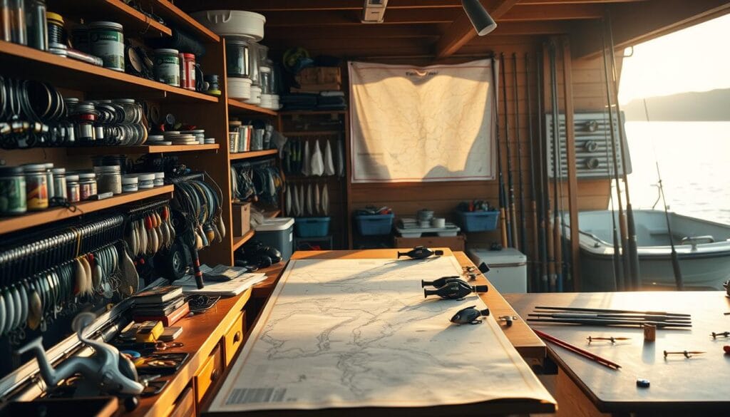 A meticulously organized fishing inventory system, backlit by warm, natural lighting. The foreground showcases an array of carefully categorized tackle, lures, and bait, neatly displayed on wooden shelves. In the middle ground, a sturdy workbench features a detailed map of the local waterways, allowing the angler to plan their next excursion. In the background, the faint outlines of fishing rods and a well-maintained boat add a sense of depth and immersion. The overall atmosphere exudes a tranquil, almost meditative, vibe, reflecting the meticulous attention to detail and the passion for the sport of fishing.