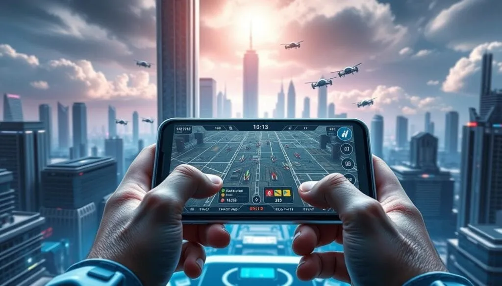 A mobile strategy game taking place in a futuristic cityscape, with towering skyscrapers and a gleaming skyline. In the foreground, a player's hands hold a sleek, touch-enabled device, fingers deftly maneuvering units and resources. The middle ground features a detailed user interface, with intuitive controls, real-time data visualizations, and minimalist iconography. In the background, a cinematic vista unfolds, showcasing dynamic weather effects, aerial drones, and a sense of scale and grandeur befitting a high-stakes strategic conflict. The lighting is a balance of cool, technological tones and warm, optimistic hues, creating a visually compelling and immersive experience for the mobile gamer on the go.