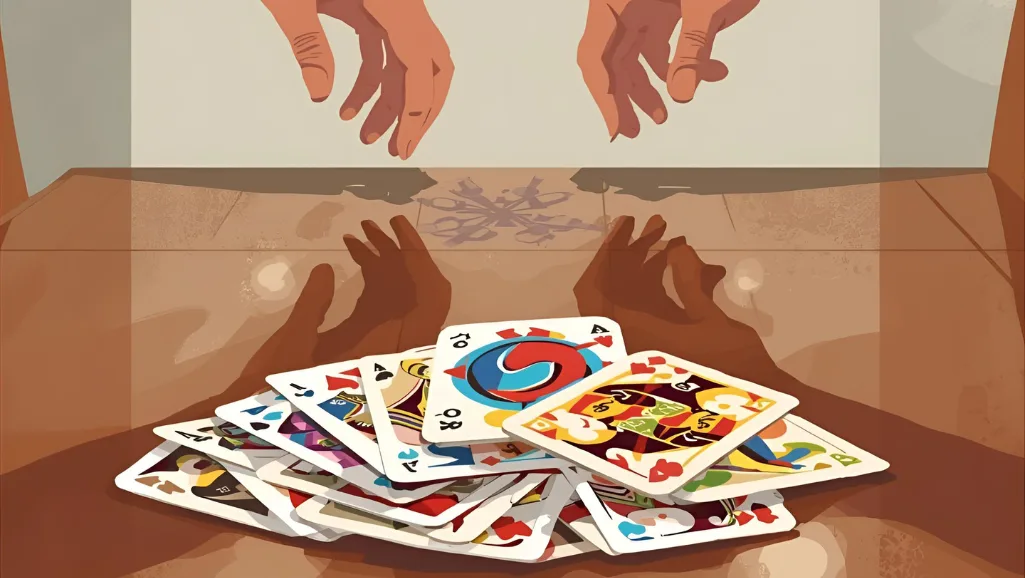 A modern and stylized illustration depicting the classic card game "Snaps". In the foreground, a pile of colorful playing cards with bold, playful designs sits atop a smooth, glossy wooden table. The middle ground features two hands reaching towards the cards, suggesting the social and interactive nature of the game. The background is a minimalist, softly-lit scene with muted colors, allowing the vibrant cards to be the focal point. The overall mood is one of casual fun and friendly competition, inviting the viewer to imagine themselves engaged in an exciting round of this timeless game. A modern and stylized illustration depicting the classic card game "Snaps". In the foreground, a pile of colorful playing cards with bold, playful designs sits atop a smooth, glossy wooden table. The middle ground features two hands reaching towards the cards, suggesting the social and interactive nature of the game. The background is a minimalist, softly-lit scene with muted colors, allowing the vibrant cards to be the focal point. The overall mood is one of casual fun and friendly competition, inviting the viewer to imagine themselves engaged in an exciting round of this timeless game.