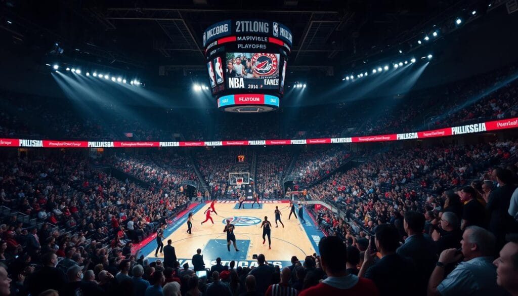 A packed NBA stadium, the scoreboard illuminating the tense atmosphere. Spectators in their team jerseys, cheering passionately. Courtside, players locked in intense defensive coverage, their movements a blur as they chase the ball. Bright spotlights cast dramatic shadows, adding to the high-stakes drama. The camera pans out, capturing the energy of the crowd, their roar palpable. A wide-angle lens showcases the grand scale of the arena, the court a central stage for the epic clash. Moody lighting infuses the scene with an electrifying, cinematic quality, as if captured in the final moments of a nail-biting playoff game.