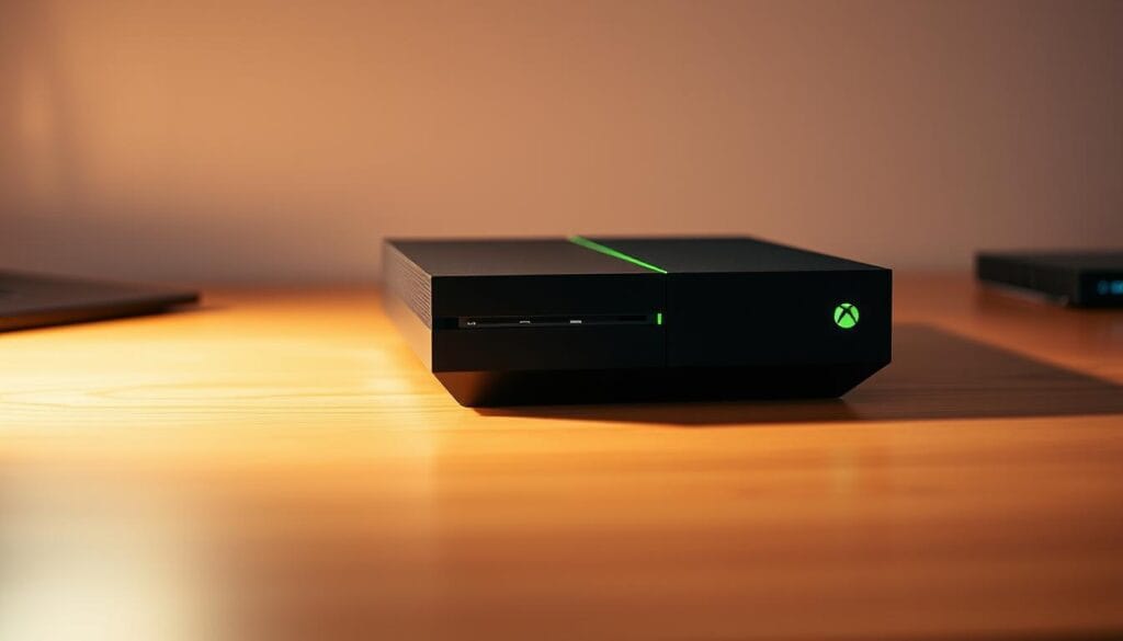 A sleek and modern Xbox console resting on a minimalist wooden desk, bathed in warm, directional lighting that accentuates its clean lines and iconic green-accented design. The console is positioned in the foreground, taking up a significant portion of the frame, while the background gently fades to a neutral, slightly blurred environment, creating a sense of focus and emphasis on the device. The overall mood is one of sophistication and technological allure, inviting the viewer to imagine the immersive gaming experiences that can be unlocked through this powerful gaming platform.